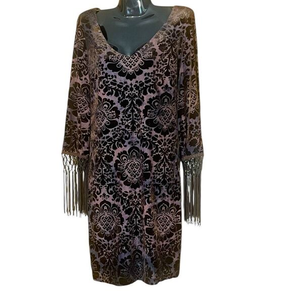 Muse Crushed Velvet Burnout Macramé Fringe On Sleeves 3/4 Sleeve Sheath Dress Sz - Picture 2 of 5